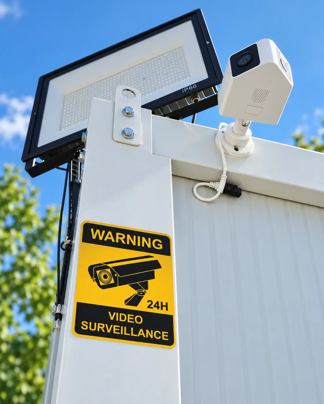 Security camera and floodlight at Thess Airpark, with a 24-hour video surveillance sign